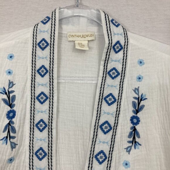 Cynthia Rowley White Blue Floral Embroidered Boho Open Front Duster Top 2X - Picture 3 of 9